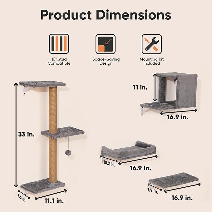 FUKUMARU Cat Wall Shelves, Stable & Safe 4 in 1 Cat Walls Furniture Set, Wooden Kitten Climbing Wall with Scratching Post for 16 Inch Drywall - Light Gray