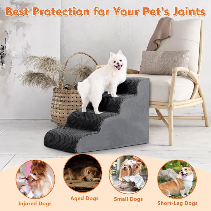 Dog Stairs Ramp, Curved 4-Step Dog Steps for Small Dogs and Cats, Pet Stairs for High Beds and Couch with Anti-Slip Washable Cover and Durable High Density Foam, Dark Grey