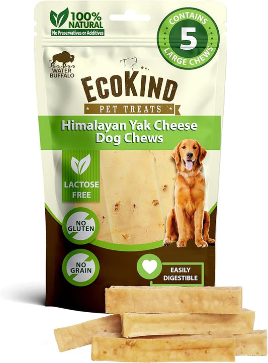 EcoKind Yak Cheese Himalayan Dog Chews, Yak Chews for Large Dogs, Long Lasting Bone for Aggressive Chewers, Only 4 Ingredients, Natural High Protein Treat, No Additives, Water Buffalo, Large - 5 Chews