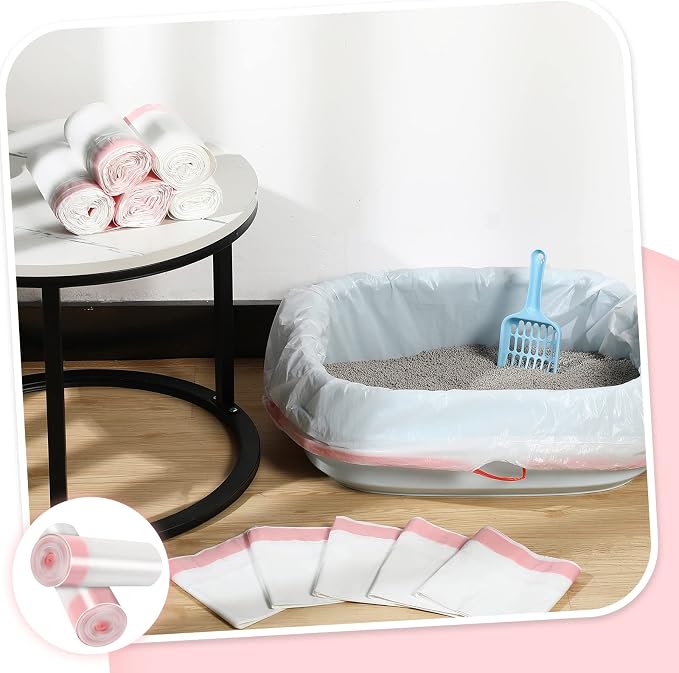 Sabary 80 Cat Litter Box Bags Jumbo Kitty Pan Liners with Drawstring Sturdy Hdpe Material for Cat Pet Waste Litter Box Tray, Pink (36 x 18 Inch)