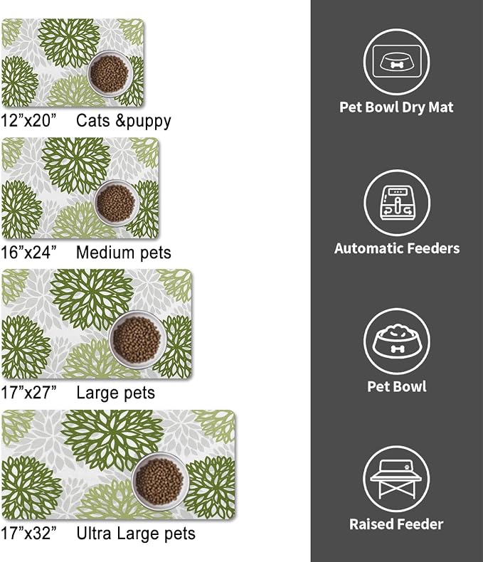 Dog Food Mats for Floors, Absorbent and Quick-Drying Pet Cat Food Mat,Anti-Fouling and Easy-to-Clean Pet Feeding Mat,Dog Bowl Mat for Messy Drinking Water Bowls.17x32, Bohemia Dahlia Floral Style