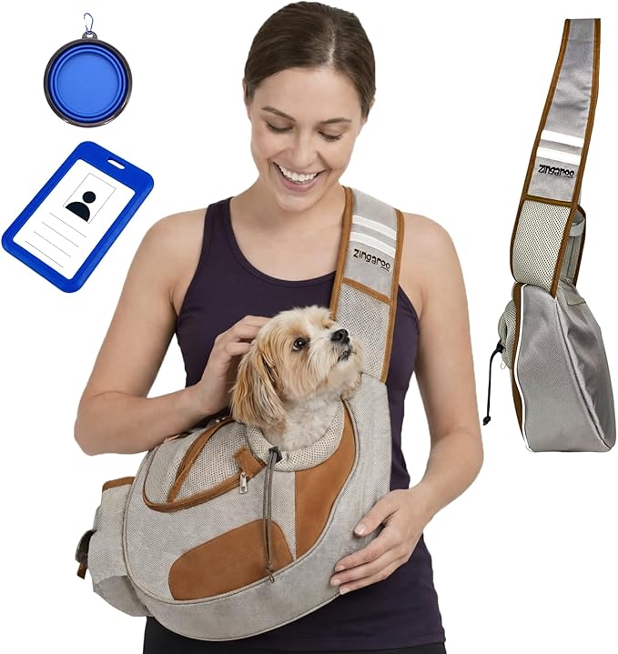 Hands-Free Sling Pet Carrier for Cats and Small Dogs up to 7lbs – Travel Set Includes Foldable Water Bowl & ID Card – Breathable Mesh, Safety Hook & Adjustable Padded Strap for Walking & Travel