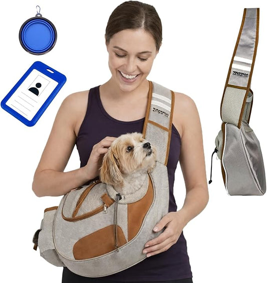 Hands-Free Sling Pet Carrier for Cats and Small Dogs up to 7lbs – Travel Set Includes Foldable Water Bowl & ID Card – Breathable Mesh, Safety Hook & Adjustable Padded Strap for Walking & Travel