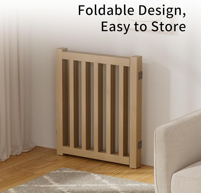 3-Panel Solid Wood Dog Gate - Freestanding Folding Pet Gate for Doorways, Stairs, Indoor, 24" Height, No Installation Needed, Natural Wood