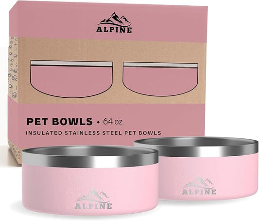 ALPINE Set of 2 Stainless Steel Dog Bowls, Non Slip, Metal Pet Bowl for Food and Water, Double Walled Insulated, Rustproof, Dishwasher Safe (64 oz, Pink)