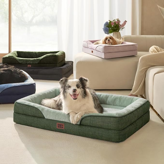 EHEYCIGA Orthopedic Dog Bed for Large Sized Dog, 36x27 Inch Large Memory Foam Dog Couch Bed with Sides, Waterproof Liner & Washable Removable Cover, Bolster Pet Sofa, Green