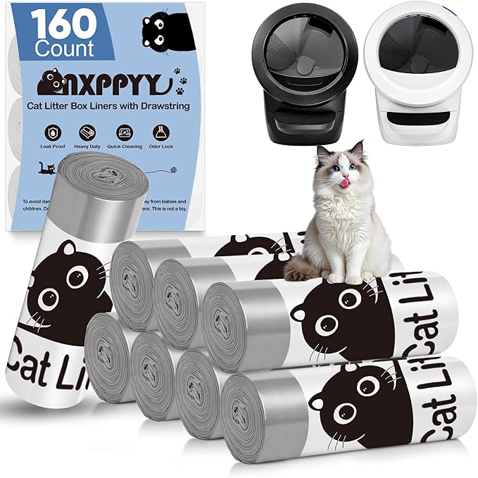 160 Count Cat Litter Box Liners for Litter Box Robot 4/5 | 10-12 Gallon, Heavy Duty, Drawstrings, 25.19" x 15.7"