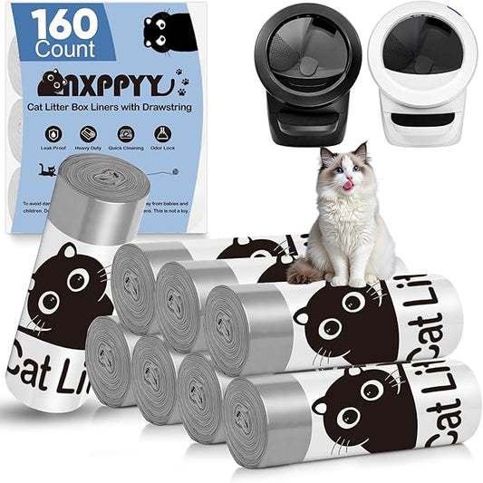 160 Count Cat Litter Box Liners for Litter Box Robot 4/5 | 10-12 Gallon, Heavy Duty, Drawstrings, 25.19" x 15.7"