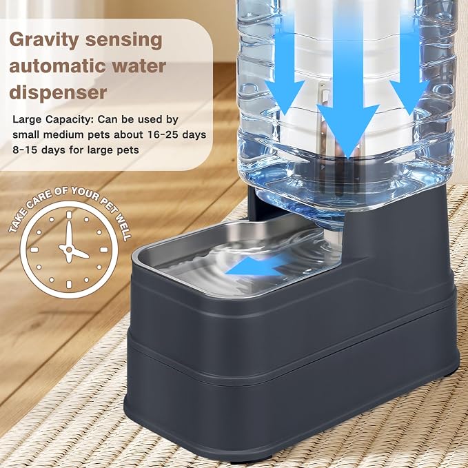 2.2 Gallon Pet Automatic Dog Water Dispenser Cat Gravity Waterer Feeder with Stainless Steel Bowl 8L Large Capacity Puppy Feeding Raised Bowls with Filter,Ice Pack