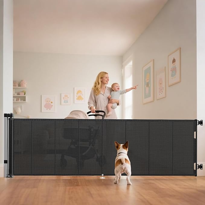 Miumoon 100 inch Retractable Baby Gates 34 inch Tall, Retractable Gate with Reinforced Strip Design to Prevent Crawling Through, 8 FT Extra Wide Retractable Dog Gate for Indoor/Outdoor