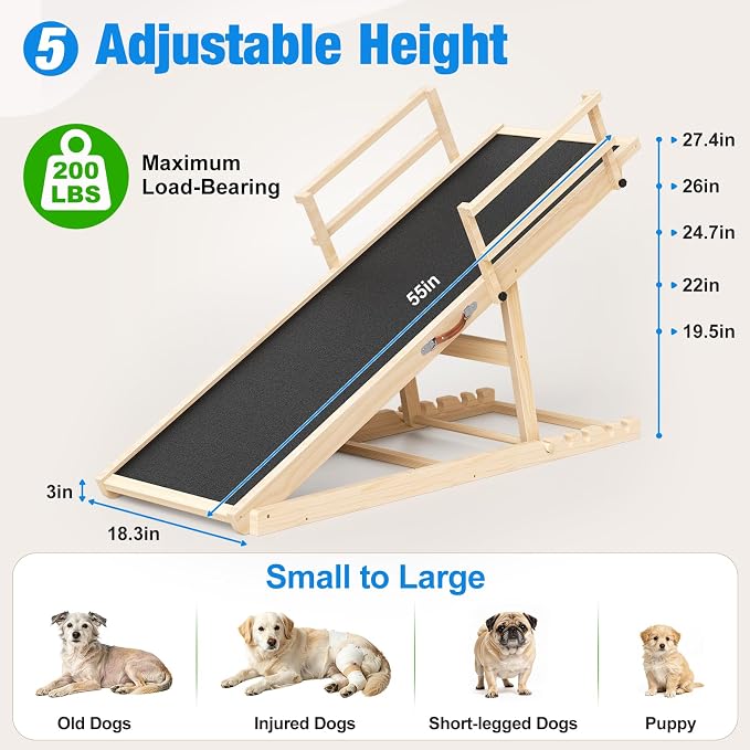 Tresbro Dog Ramp for High Bed, 55.11'' Long 19.3''-27.17'' Adjustable Height Pet Ramp with Anti-Slip Mat & Side Rails, Wooden Portable Ramp for Small to Large Dogs to Get on Bed, Couch, Up to 200LBS