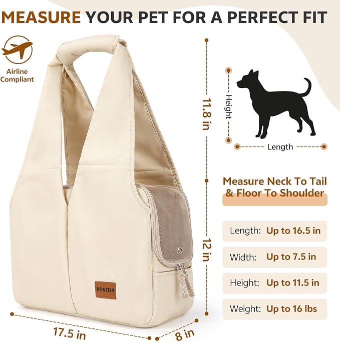 Dog Purse Carrier for Small Dogs and Cats, Soft-Sided Pet Tote Bag with 6 Large Pockets, Collapsible Travel Puppy Carrier, Fits Pets up to 16 lbs (Beige, 17.5" L x 8" W x 12" H)