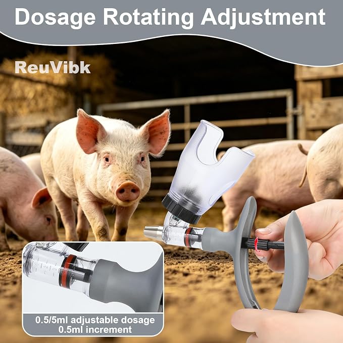 5ML Livestock Syringe Gun, Automatic Self Refill Injection Gun Continuous Adjustable Bottle Attachment Livestock Animal Syringe with 10 Needles, for Chicken, Duck, Pig, Sheep, Cow Poultry (Grey)
