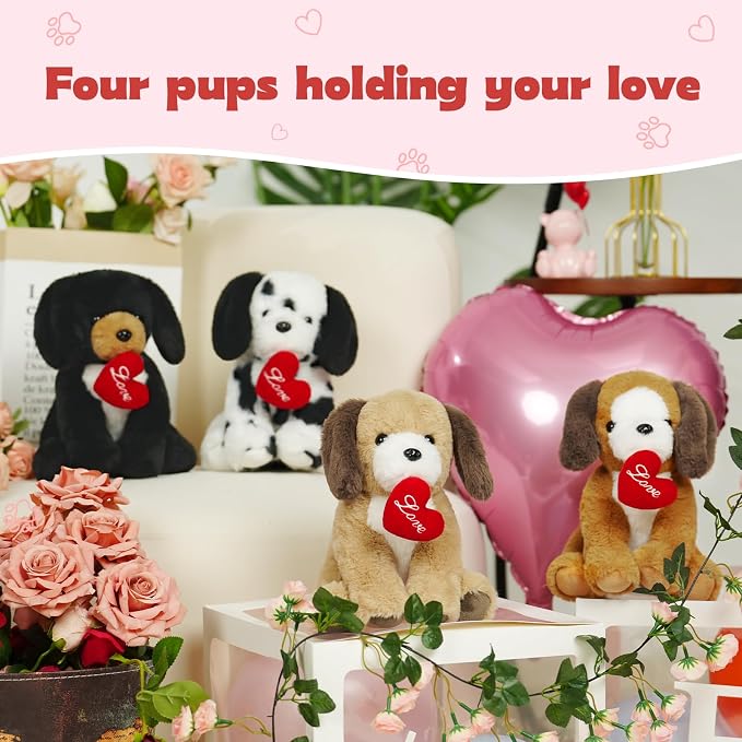 Muiteiur 4 Piece Love Dog Stuffed Animals, 8 Inch Valentines Dog Plush Bulk with Heart, Soft Puppy Plush Toys for Girlfriend Kids, Gift for Girls Kids