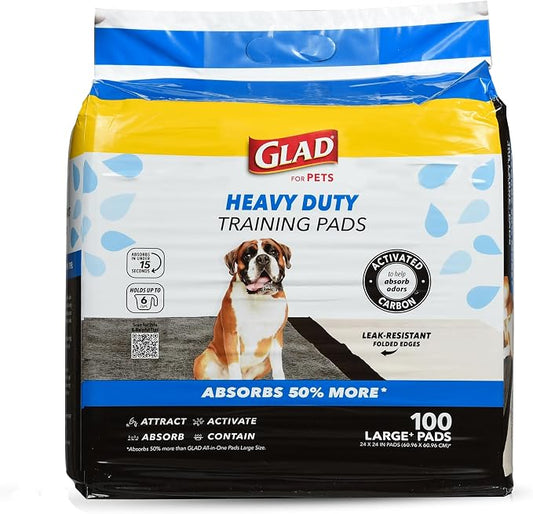 Glad for Pets XL Charcoal Training Pads, Heavy Duty Leak-Resistant Puppy Pee Pads with Activated Carbon Odor Control, Quick-Dry Quilted Top, Indoor Potty & Crate Liner, 24 x 24 in, 100 Count