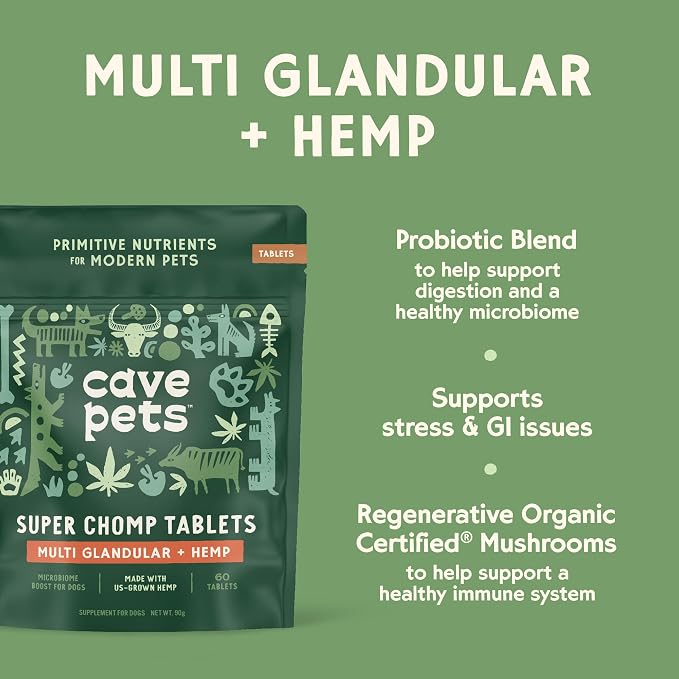 Cave Pets, Super Chomp Tablets, Dog Probiotic Supplement for Digestive Health and Natural Relaxation, Multi-Glandular & Hemp, 60 Tablets