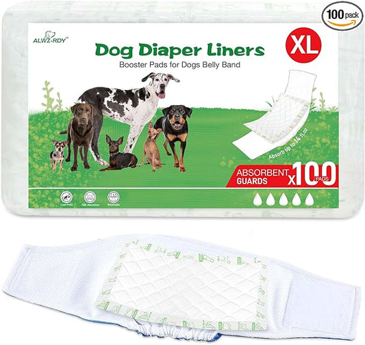 Dog Diaper Liners 100ct, Super Leak Proof and Absorption Disposable Dog Diaper Booster Pads for Female and Male Fit Most Reusable Pet Belly Bands, Wraps, and Period Diapers (X-Large，XL-100ct)