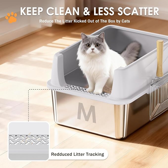 Stainless Steel Litter Box, 17.4'' x 13.5'' x 8.5'' Metal Kitty Litter Box for Small Cats Kitten High Sided Litter Boxs with Scoop Open Top Low Entry Easy to Clean Non-Sticky Anti-Leakage