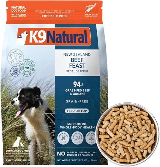 K9 Natural Beef Freeze Dried Dog Food, High-Meat Natural Complete Meal or Meal Toppers for Dogs, Grass-Fed Beef from New Zealand, Grain-Free, GMO-Free, Complete & Balanced Nutrition, 17.6oz