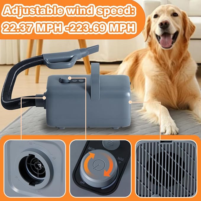 FansaFurn Professional 1550W High-Velocity Pet/Dog Grooming Dryer Blower - Adjustable Speed & Temperature with Heater & 4 Nozzle Attachments (Grey)