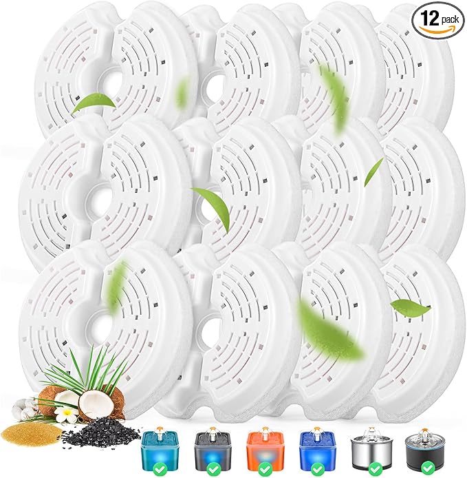 Cat Water Fountain Filters for 84oz/2.5L Stainless Steel Pet Fountain and 67oz/2.0L Plastic Cat Drinking Fountain, 12 Pack Pet Replacement Filters Set