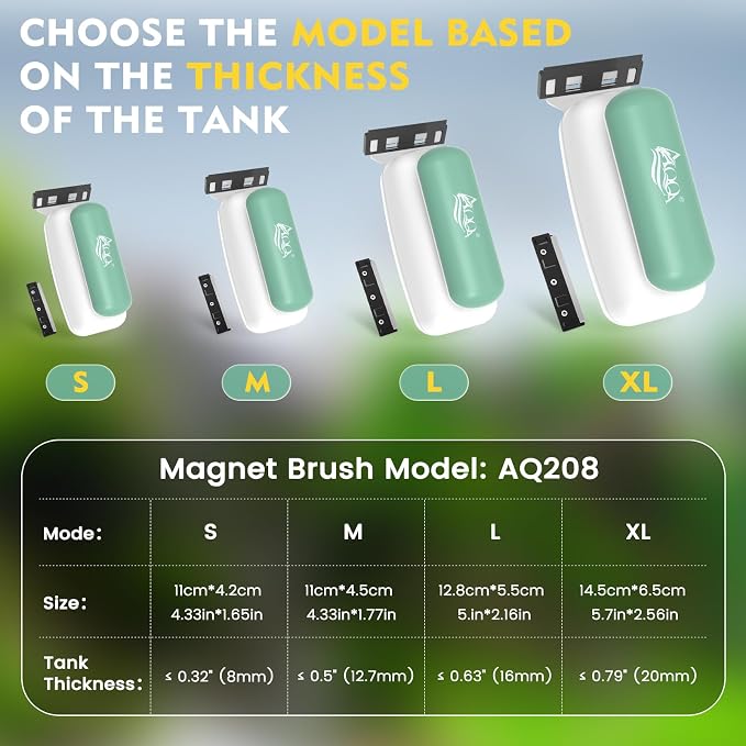 AQQA Aquarium Magnet Glass Cleaner - Enhanced Magnetic Fish Tank Cleaner with 2 Types of Blades, Self-Floating Aquarium Glass Scrubber Algae Scrapers for up 0.32" Thick Glass/Acrylic Aquariums (S)