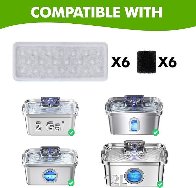 Replacement Dog Water Fountain Filters 6 Packs, Suitable for Stainless Steel Dog Water Fountain Models: PF-SS-01/PF-SS-02/PF-SS-03/PF-SS-04, Multi-Layer Filtration, 6 Filters & 6 Pump Sponges