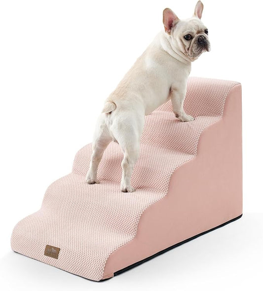 COZY KISS Wide Dog Stairs 19.7" Width, Pet Step for Small/Medium/Large Dog, Puppy or Cat, Pet Ramp for High Bed or Car, High Density Foam Ladder, 19.7x33x22.4 in, Stable, 5 Step, Pink