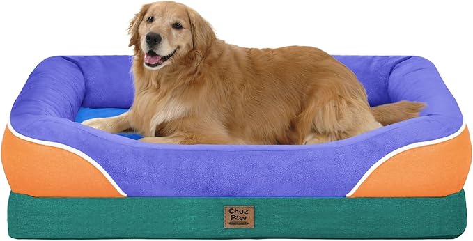 Chez Paw Large Orthopedic Dog Bed for Extra Large Dogs, Waterproof XL Egg-Crate Foam Dog Bed with Removable Washable Cover & Non-Slip Bottom, 4-Sided Bolster Support, Navy Orange 42"x30"x7.5"