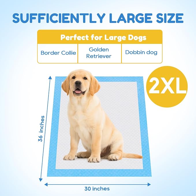JollyMate 30"x36" Dog Pee Pads Extra Large, 30 Pack XX-Large Super Absorbent Pet Pee Pads with Adhesive Tabs, 6 Layers Thick Leak-Proof Potty Pads for Dogs and Puppies
