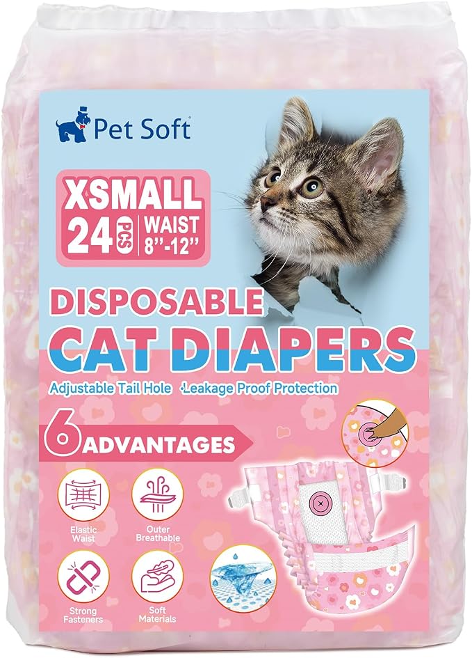 Pet Soft Disposable Cat Diapers - Diaper for Female & Male Cats, Puppy Doggie Diapers for Female Dogs with Adjustable Foam Tail Hole, X-Small (24Pcs, PK Flowers)