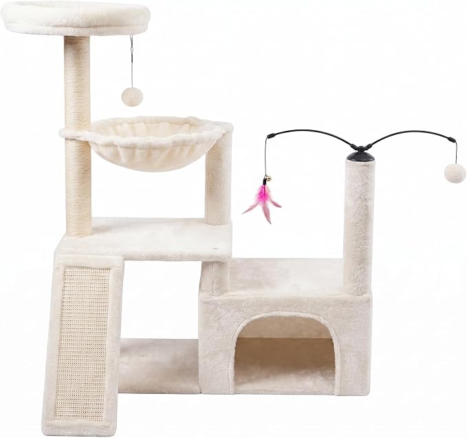 商品图片 YUNIQUE Multi-Functional Cat Tree Tower, Big Cat Condo with Scratching Board, Rotating Toy & Deep Hammock, Luxury Perch Kitty Furniture for Indoor Cats (White)
