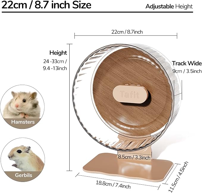 Silent Hamster Wheel 8.7 Inch Dual-Bearings Quiet Running Exercise Wheels with Wood Grain Backboard, Height Adjustable for Dwarf Hamsters, Gerbils, Mice, Hedgehog, Lemmings, Warm Brown