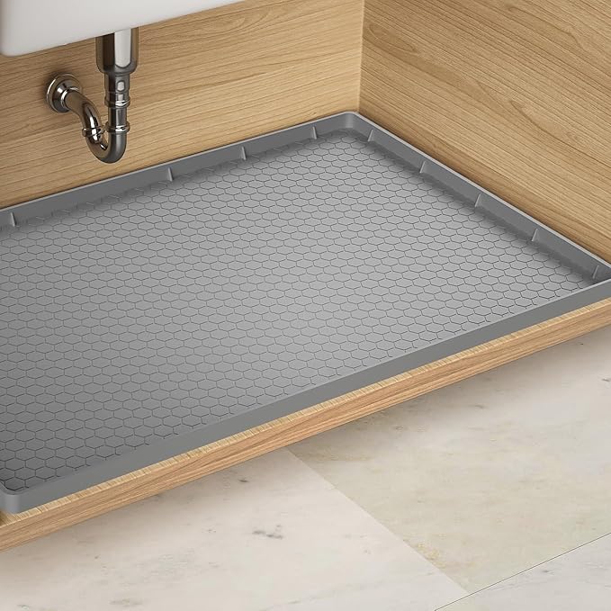 Under Sink Mat - 25" x 19" Waterproof Kitchen Cabinet Mat - Flexible Silicone Under Sink Liner - Kitchen Bathroom Cabinet Mat and Protector for Drips Leaks Spills (Gray)
