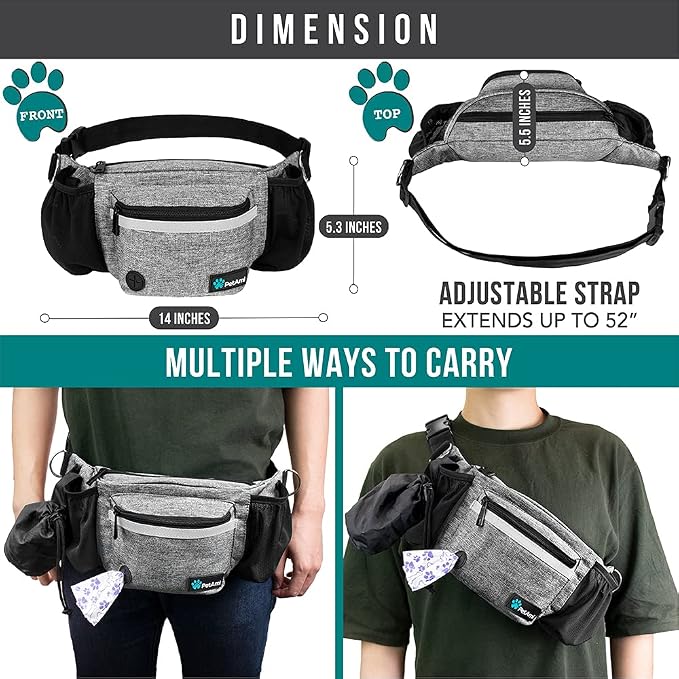 PetAmi Dog Fanny Pack, Treat Pouch for Dog Walking, Training, Built in Poop Bag Dispenser, Water Bottle Holder, Collapsible Bowl, Pet Treat Waist Belt for Hiking, Running, Kibbles (Grey)
