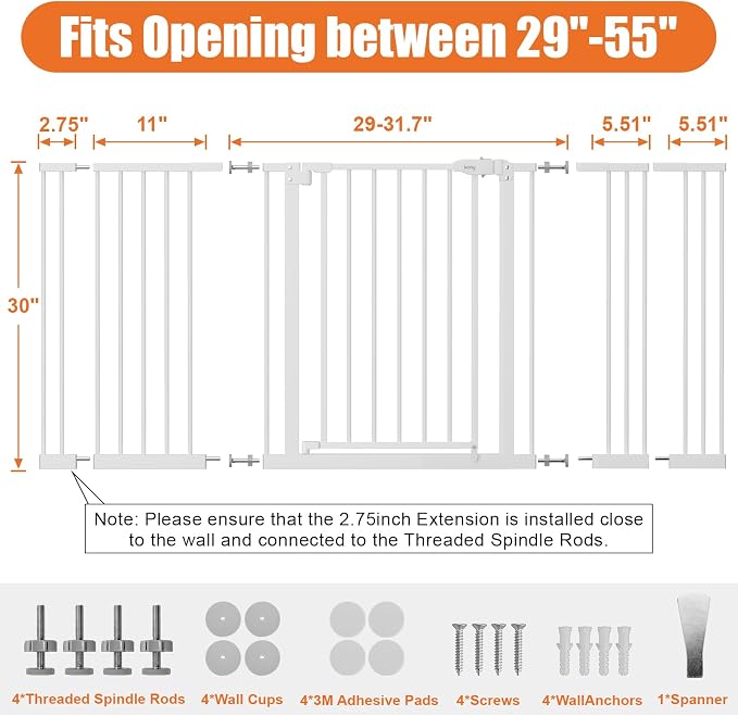 keny 29"-55" Extra Wide Baby Gate, Pressure Mounted No Drilling Dog Gate for Stairs Doorways, Easy Walk Through Safety Gate for Babies or Pets, 30" Tall, White