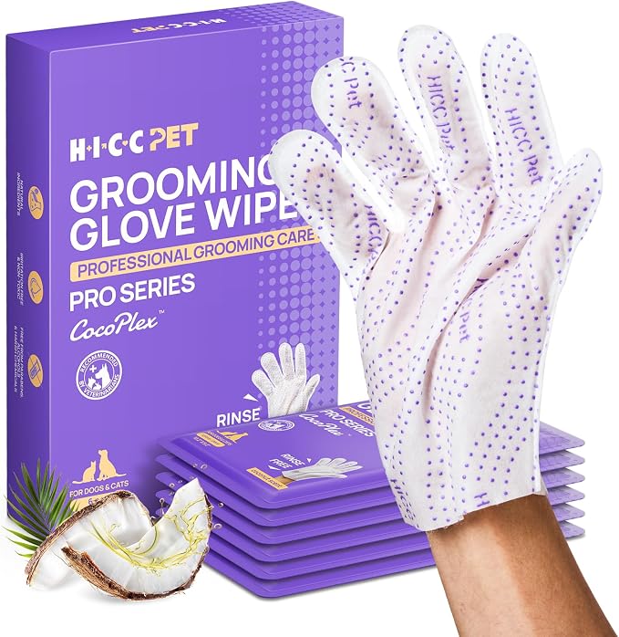 HICC PET Grooming Glove Wipes Pro – Pet Cleaning Gloves for Dogs & Cats – Infused with Coconut Oil & Plant Extracts – Hypoallergenic, Gentle, Spa-Like Care at Home, Portable 6 Pack - Coconut Scent