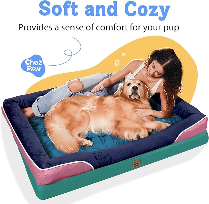 Chez Paw XXL Orthopedic Dog Bed for Extra Large Dogs, Extra Thick Egg-Crate Foam Waterproof Pet Couch with Removable Washable Cover, 4-Sided Bolster & Non-Slip Bottom, Navy Blush 45"x35"x7.5"