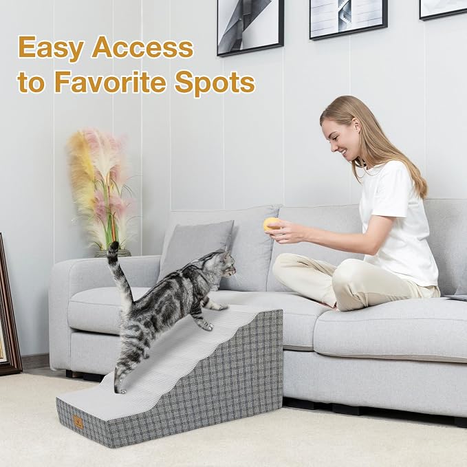 Pets Ramp for High Beds, Small Dogs & Senior Cats - Non-Slip Texture & Machine Washable Cover - Supportive Foam for Joint Comfort, Easy Climb for Couch, Sofa, Furniture (Gery)