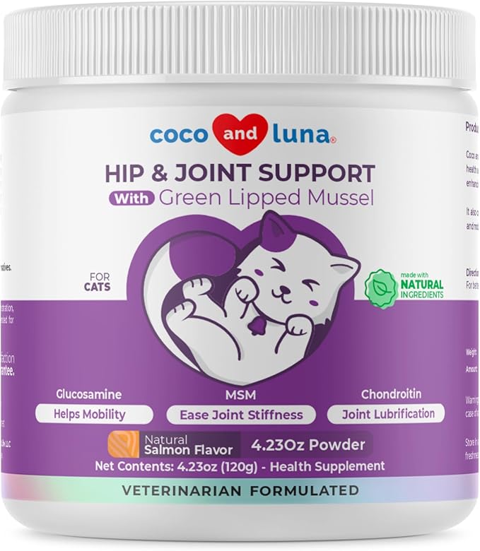 Hip & Joint Powder for Cats - Glucosamine, MSM & Green Lipped Mussel | With Glucosamine, Chondroitin, Green Lipped Mussel, MSM & Vitamin E for joint health & mobility. 4.23oz/120g.