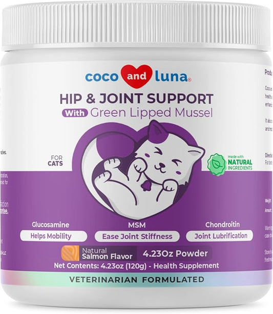Hip & Joint Powder for Cats - Glucosamine, MSM & Green Lipped Mussel | With Glucosamine, Chondroitin, Green Lipped Mussel, MSM & Vitamin E for joint health & mobility. 4.23oz/120g.