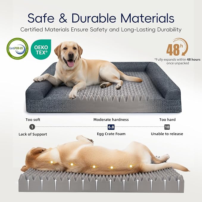 Sytopia Indestructible Chew Proof Orthopedic Sofa Dog Bed for Extra Large Dogs 42x30 Inch, XL Waterproof Foam Pet Couch Bed with Sides, Egg Crate Foam Dog Bed with Washable Removable Cover, Dark Grey