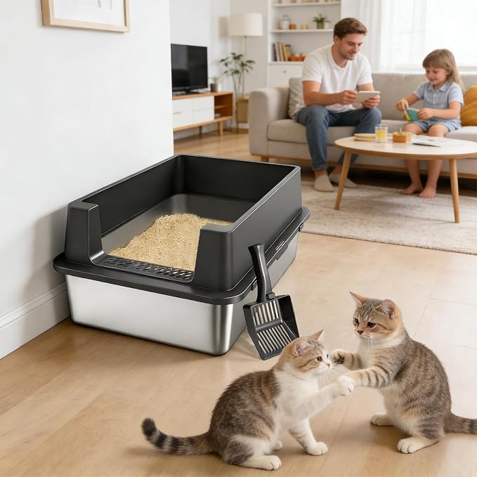 Stainless Steel Litter Box with Lid, XXXL Metal Litter Boxes for Big Cats and Kitten, Three Extra Large High Sided Littter Box,Odorless,Non-Stick,Easy Cleaning,Scoops Included (1, XXXL)