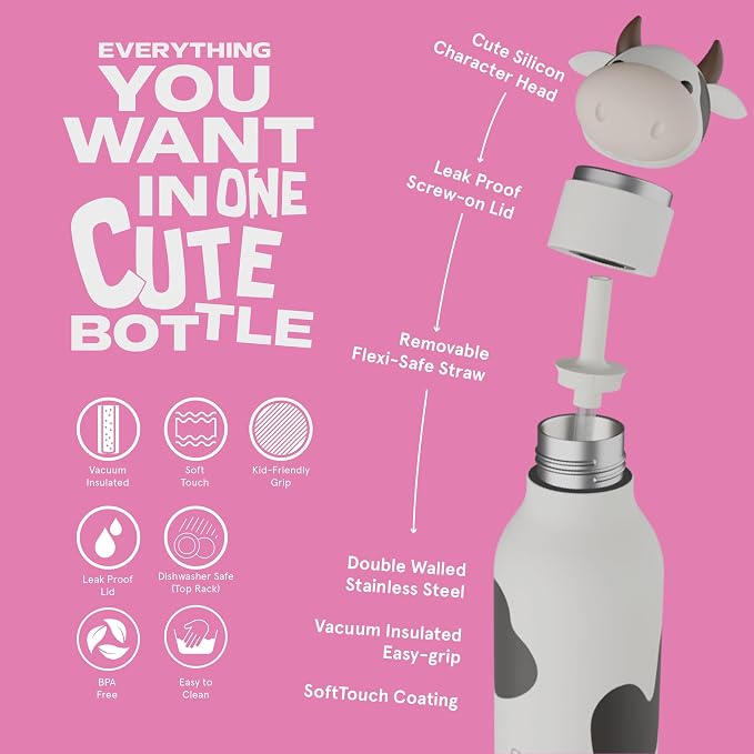 asobu Bestie Bottle Insulated Stainless Steel Water Bottle with Detachable Soft Animal Head Fun Drinking For Kids and Teens with Flexible Reusable Straw 16 Ounce