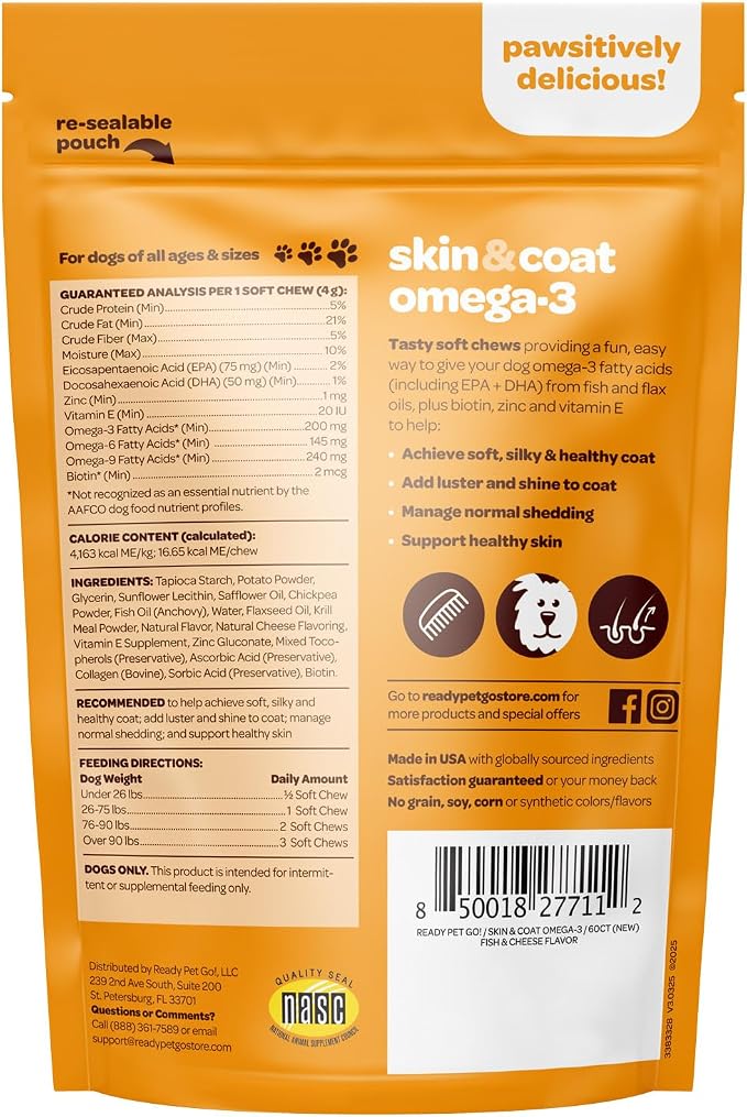 Skin and Coat Supplement for Dogs | Nourishing Omega 3 for Dogs with EPA DHA Krill Oil and Vitamin E | Dog Skin and Coat Supplement | 1 Chew up to 75lbs | NASC Certified & Made in the USA | 60 Chews
