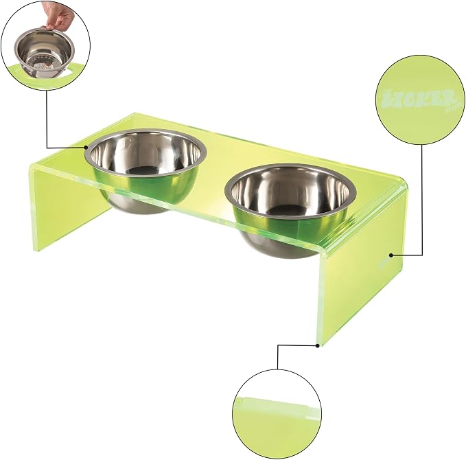 DBL2000G Keaton 5" Small/Medium Modern Acrylic Rectangular Elevated Pet Feeder with 20oz 2-Stainless Steel Bowls, Green/Chrome