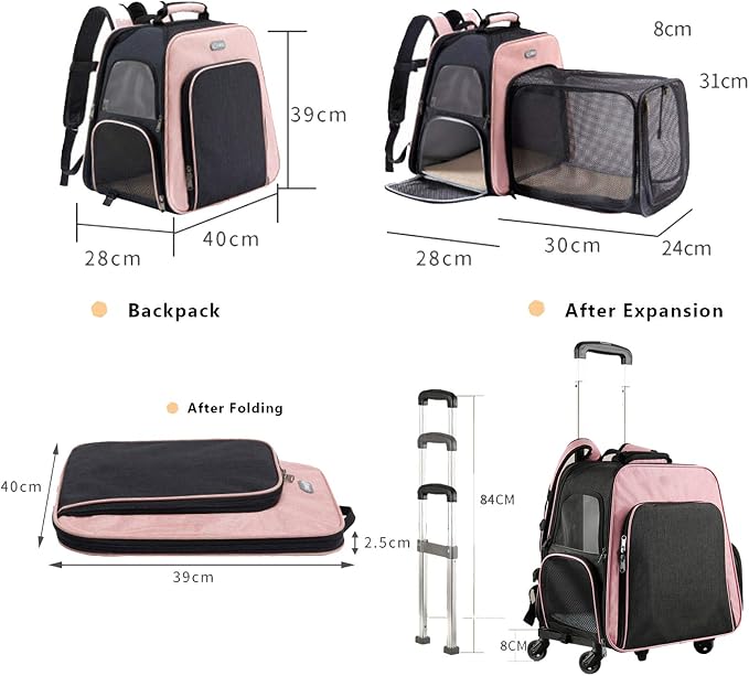 Wheeled Pet Carrier Backpack Expandable, Soft Sided Hiking Carrying Rolling Bag for Small Dogs, Cats, Hedgehog, Hands Free Mesh Ventilation Bag for Walking Hiking Travel Outdoor Activities