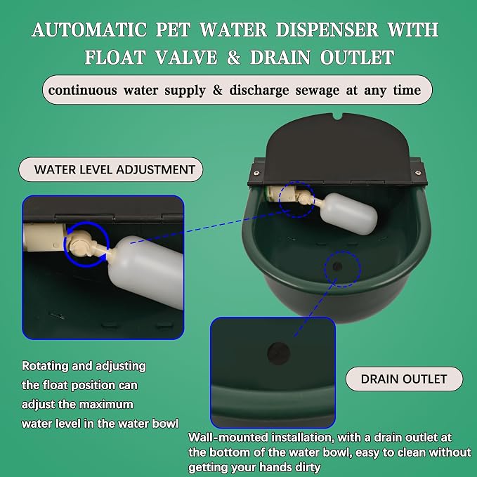 Automatic Dog Water Dispenser with Drain Valve, 1 Gallon Outdoor Auto Water Dog Bowl with Float Valve, Automatic Chicken Waterer with Hose Quick Connector, for Horse, Poultry (Green)