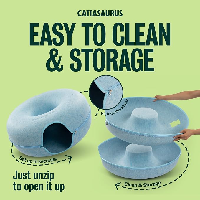 Cattasaurus Peekaboo Cat Cave Donut for Multiple & Large Cats up to 30-45 lbs, 3-in-1 Self Warming Cat Bed, Tunnel & Scratcher for Indoor Cats, Washable & Detachable Small Dog Bed (Blue, Jumbo)