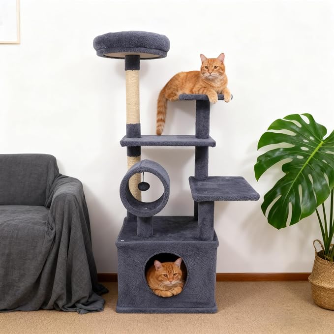 Tangkula Cat Tree Tower, 48 Inch Multi-Level Cat Tower with Large Condo, Sisal Scratching Post, Padded Top Perch, Tunnel, Hanging Ball, 3 Jumping Platforms for Indoor Cats (Dark Gray)